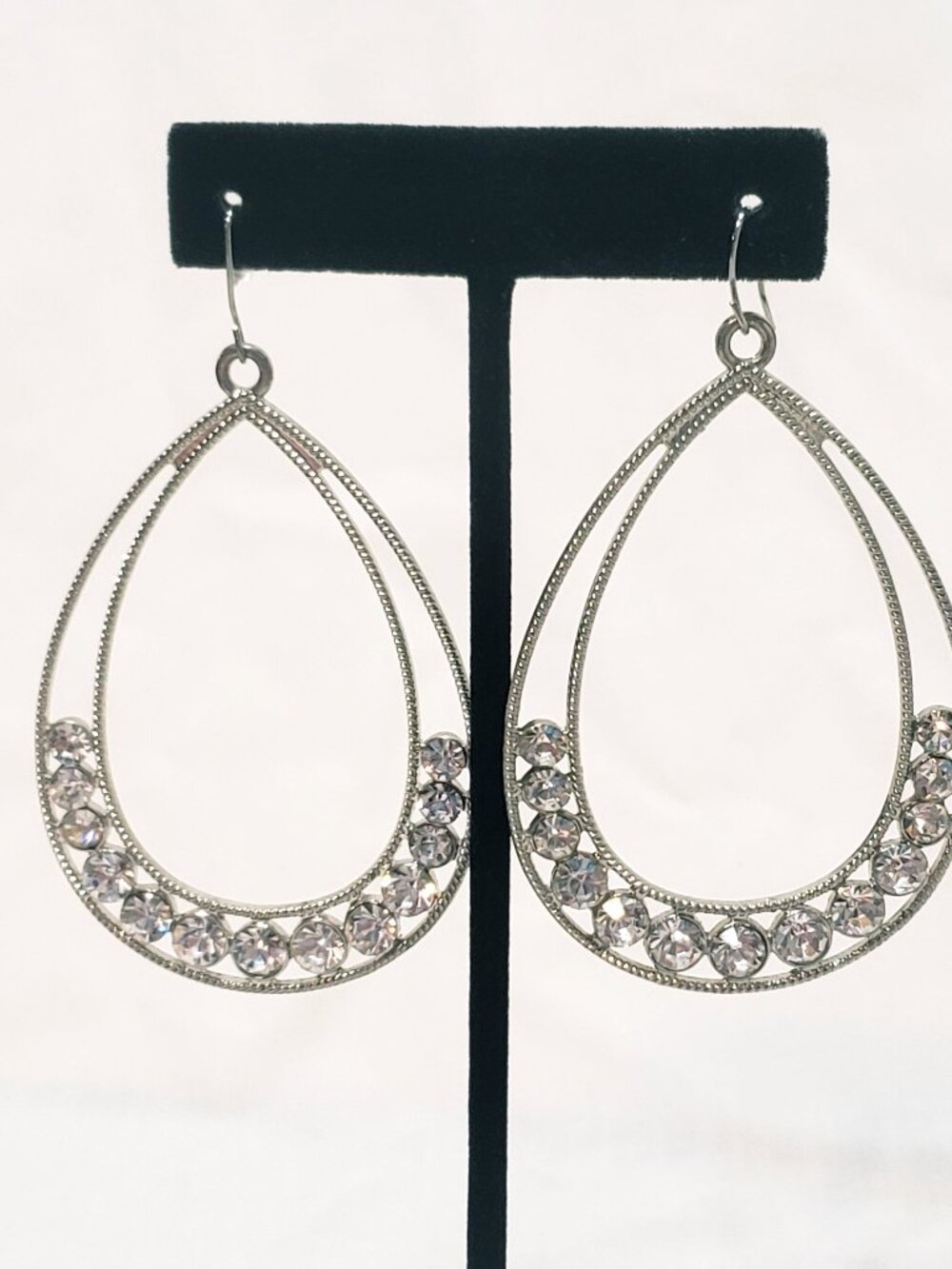 Tear Drop Rhinestone Hoop Earrings Pierced Hook 2.5" Silver tone